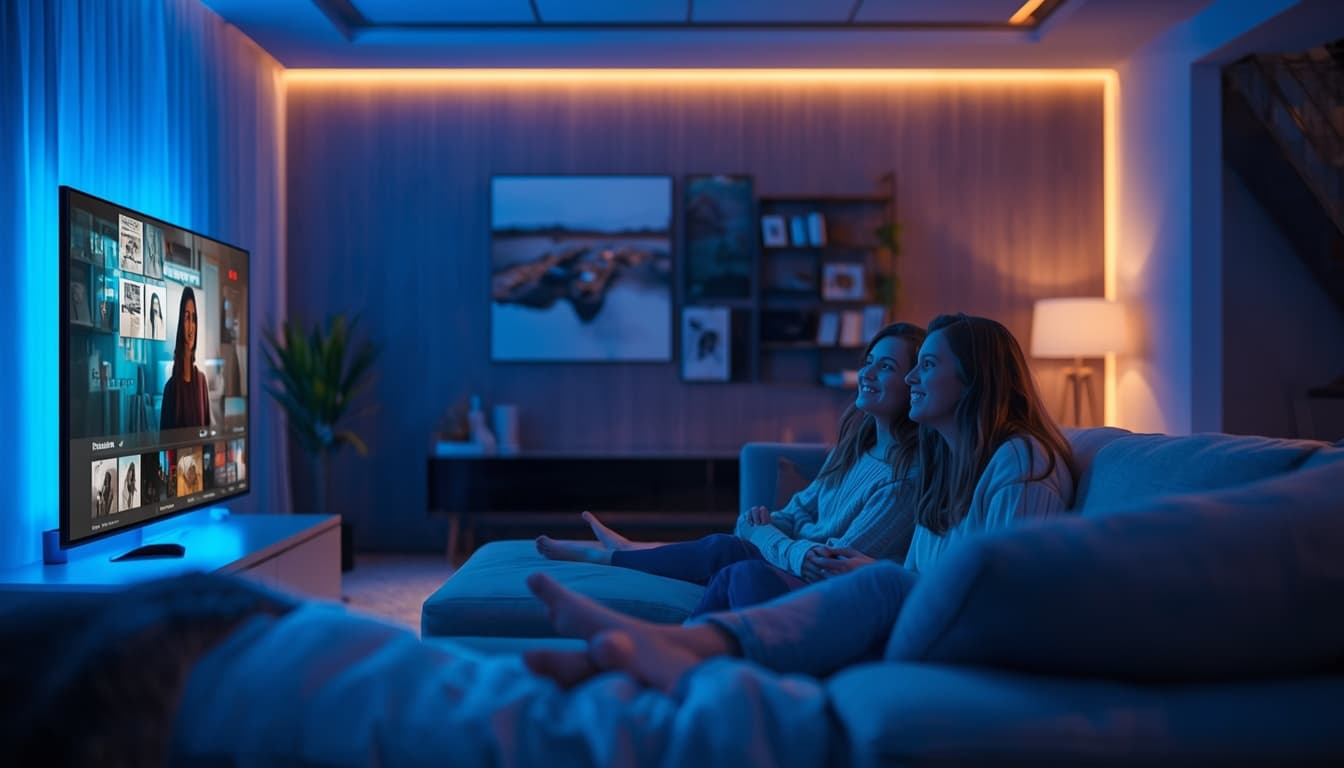 Personnes regardant tranquillement la télévision en streaming sur une grande Smart TV dans un salon
