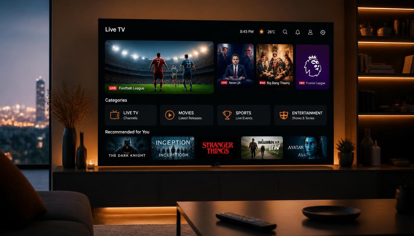 TV LG OLED affichant une interface IPTV dans un salon moderne