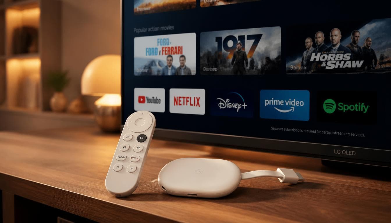 Chromecast avec Google TV et sa télécommande à côté d'une télévision