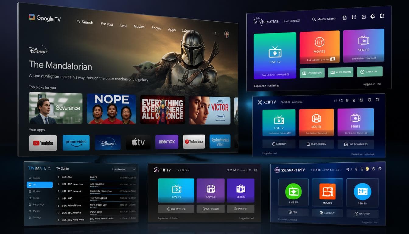 Plusieurs interfaces de lecteurs IPTV affichées sur des écrans