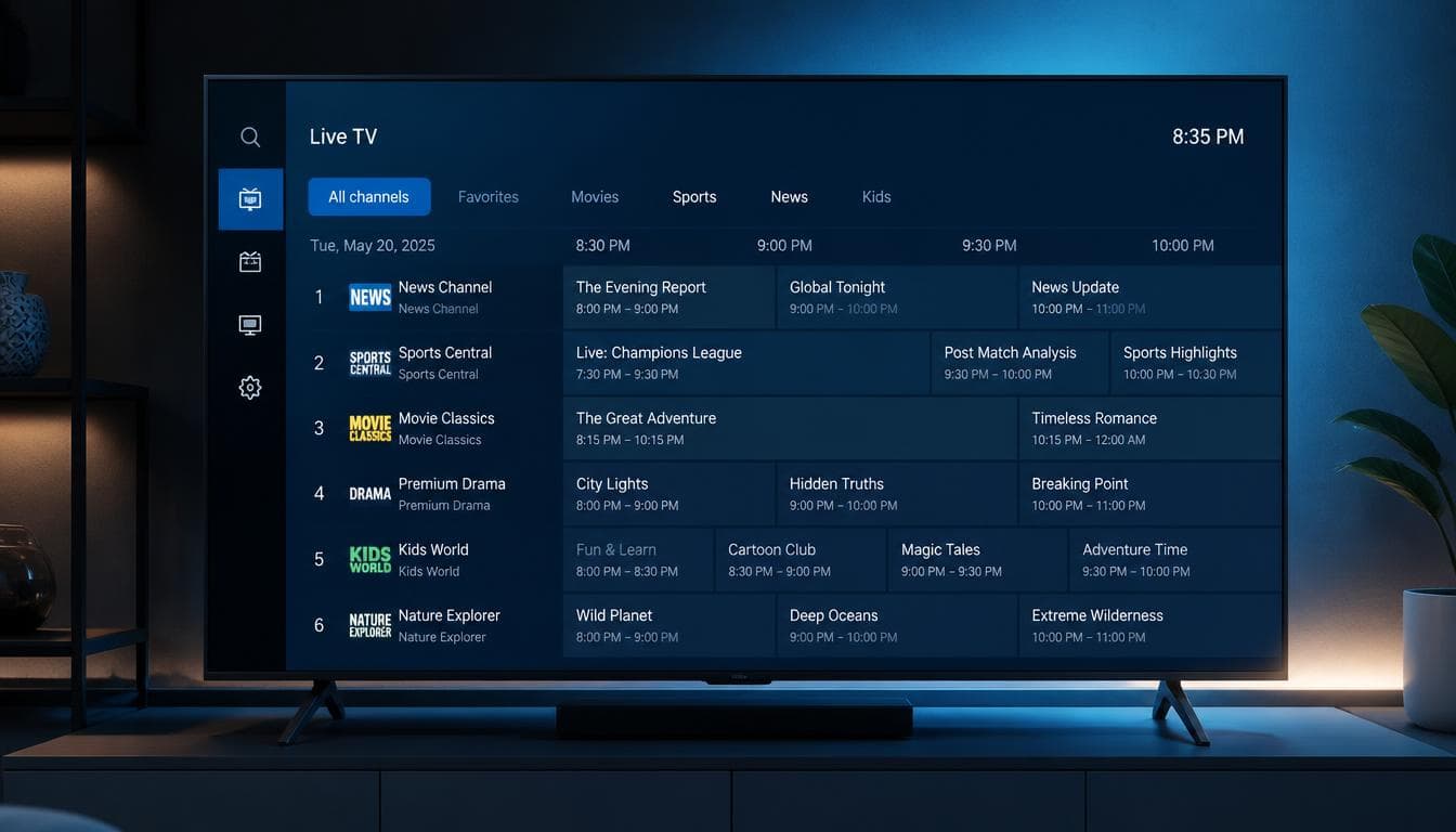 Interface d'une application IPTV moderne affichée sur une Smart TV