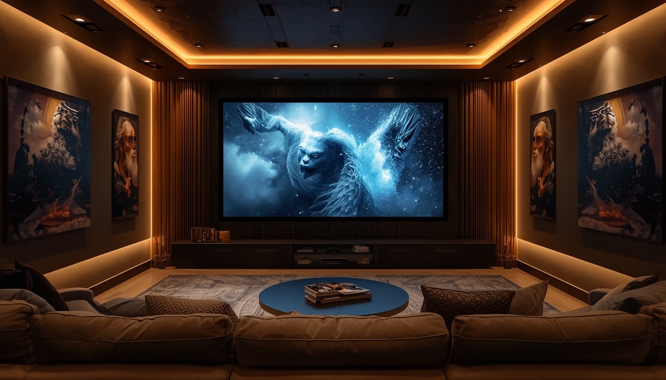 Home cinéma avec une grande télévision diffusant du contenu en 4K