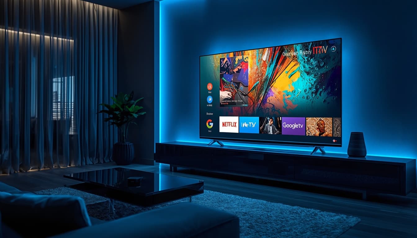Salon moderne équipé d'une Smart TV et d'un boîtier de streaming